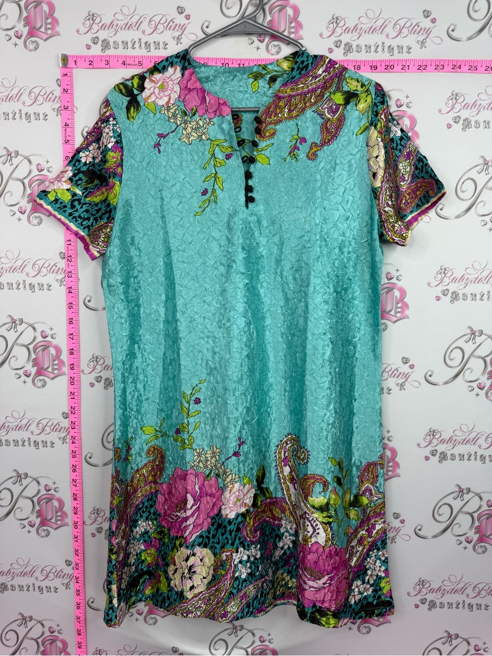 Dress ornate Turquoise Floral Short-Sleeve Tunic Dress